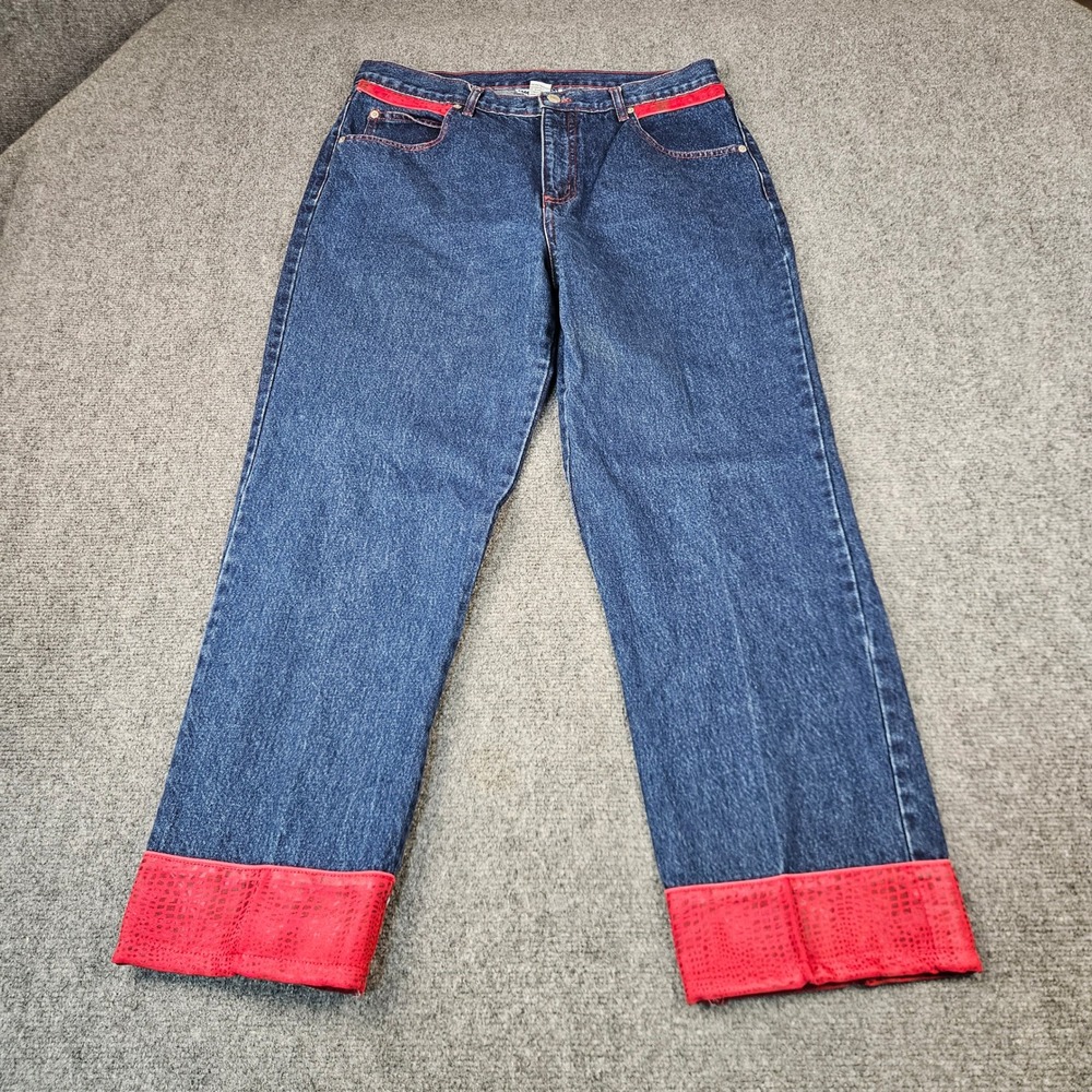 Adriana Sport Vintage High Waisted Jeans Red Snake Skin Trim Cuffs Size 14 34x28
